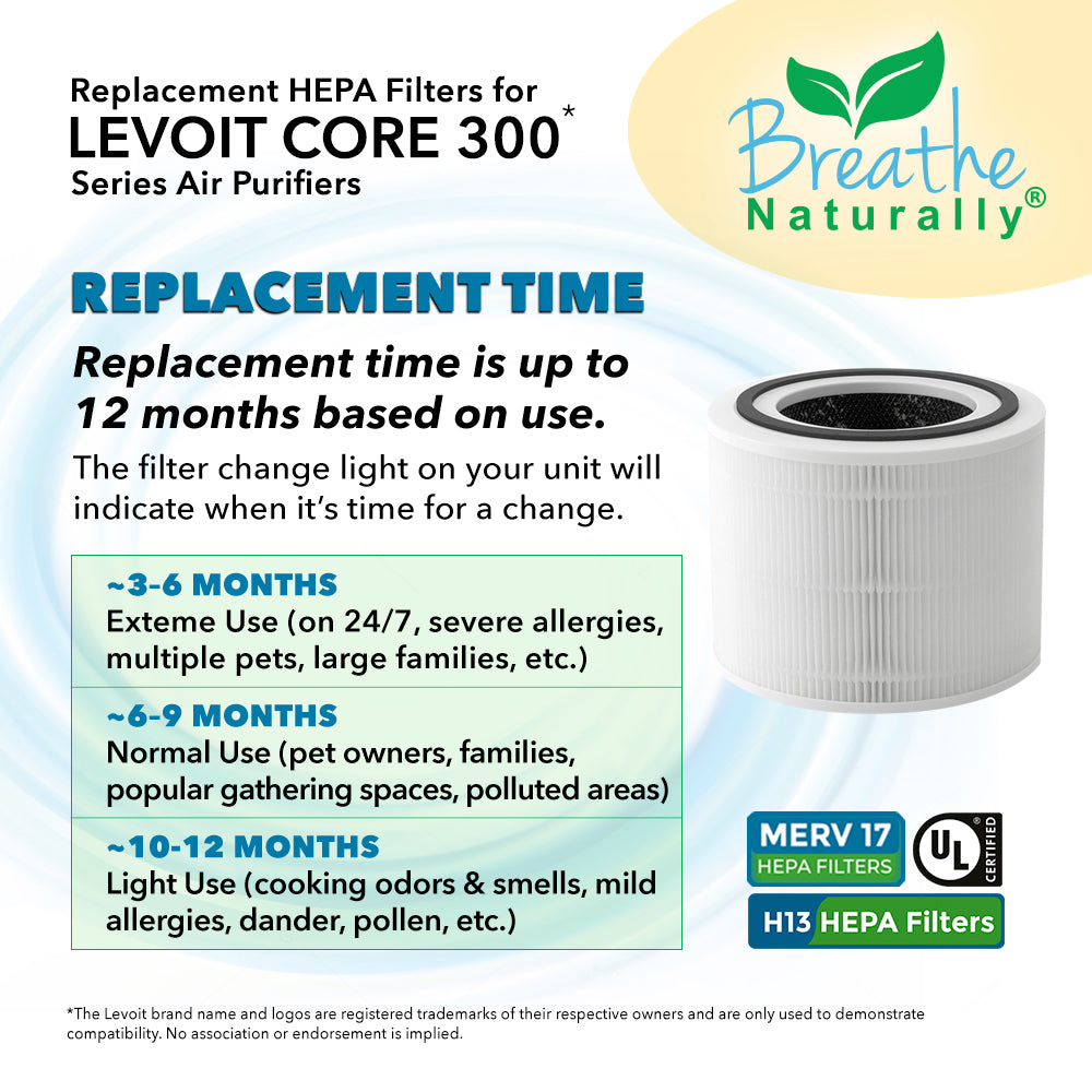 Levoit air purifier filter replacement schedule infographic